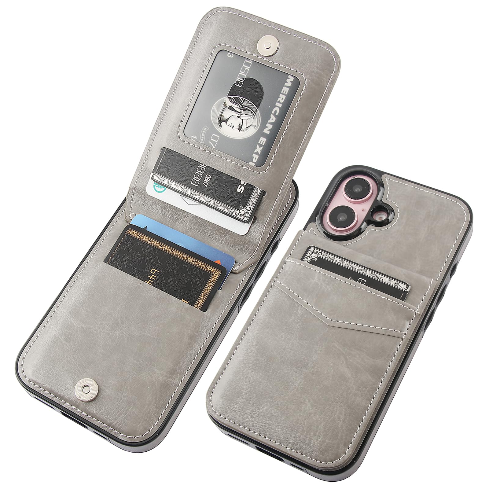 KIHUWEY Compatible with iPhone 16 Case Wallet with Credit Card Holder, Flip Premium Leather Magnetic Clasp Kickstand Heavy Duty Protective Cover for iPhone 16 6.1 Inch (Gray)