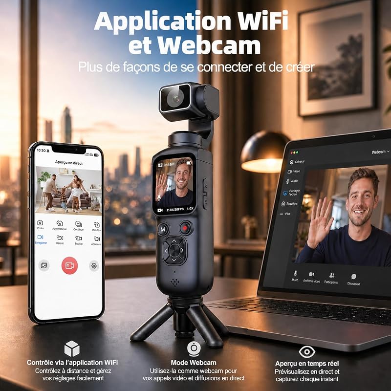 Camera Vlog 4K avec Suivi du Visage, Objectif Rotatif à 180°, Caméra de Corps avec WiFi pour Vélo, Voyage