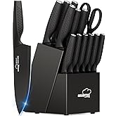 Knife Set, 15 Pieces Kitchen Knife Set with Block Built in Sharpener, Dishwasher Safe, German Stainless Steel Knife Block Set, Elegant Black