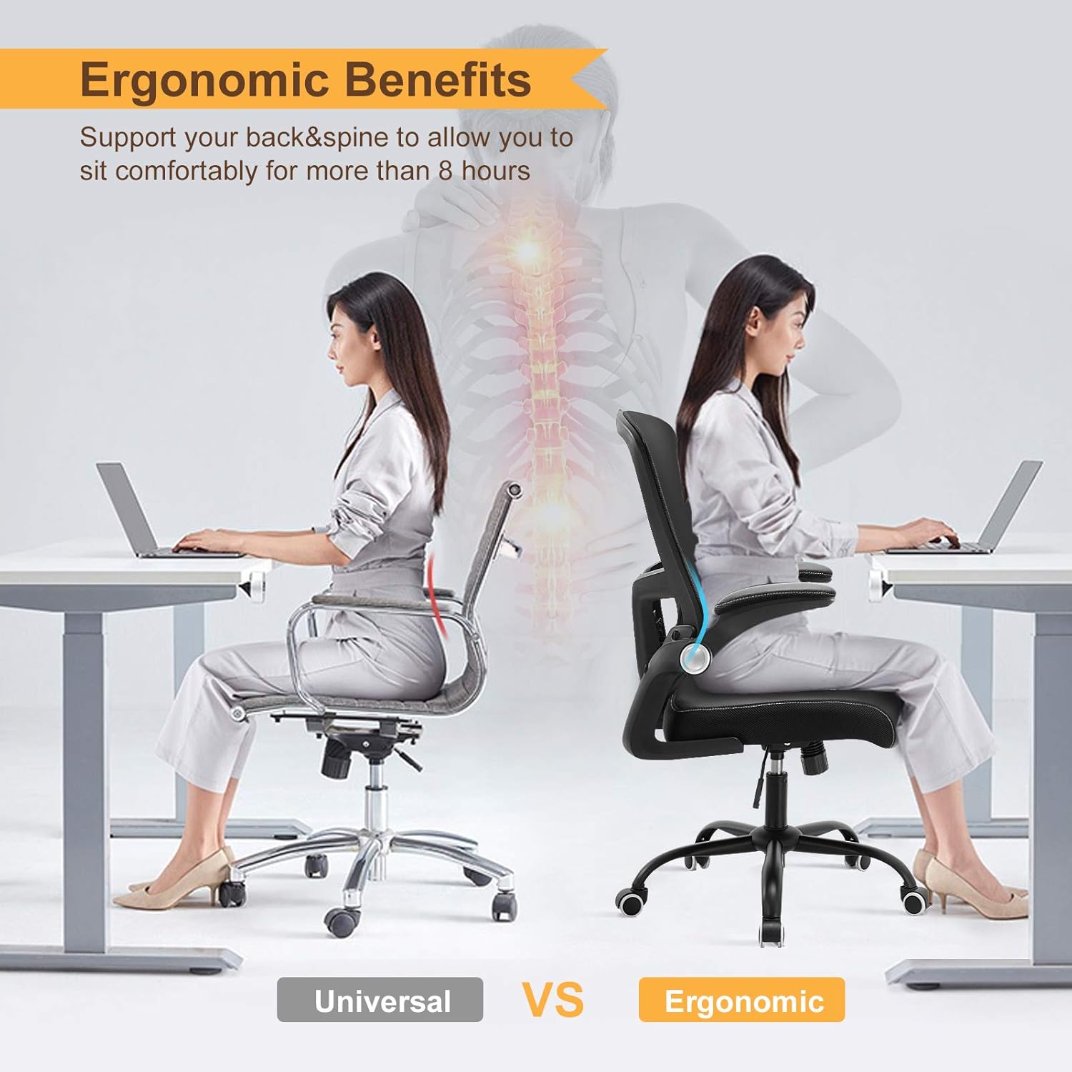 SAMOFU Office Chairs, Ergonomic Desk Chair Executive Chairs with Soft Seat and Mesh Backrest, High Back Swivel Computer Chair with Adjustable Lumbar Support, Flip-up Armrests: Kitchen & Dining