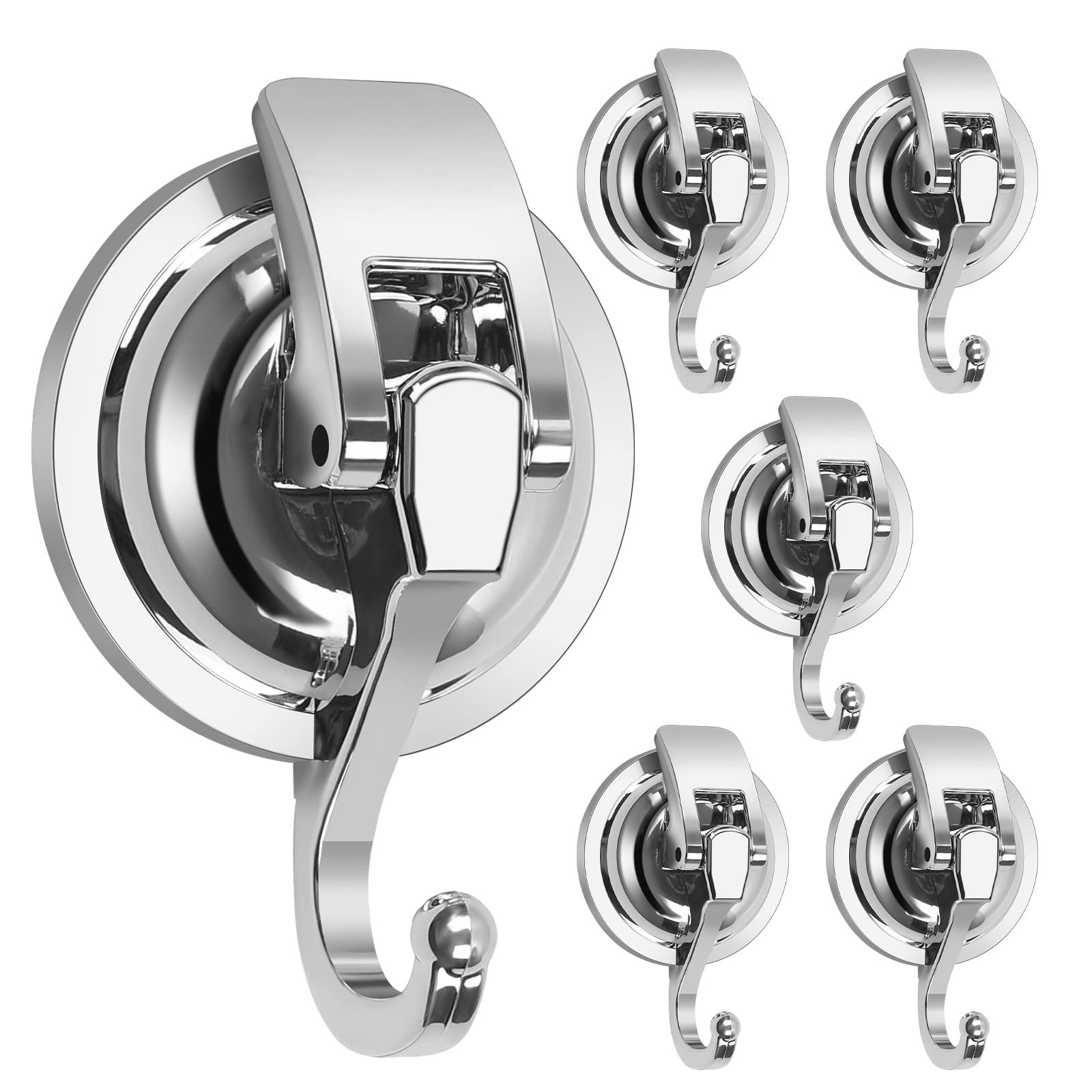 MaxEarn 6Pcs Suction Hooks, Silver Extra Strong Vacuum Suction Cup Hooks, No Drilling Heavy Duty Wall Hook Loadable 5kg for Bathroom Kitchen Smooth Window Wall Glass