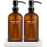 Vine Creations Amber Glass Soap Dispenser Set, Kitchen Soap Dispenser Set with Ceramic Tray, 16 oz Dish Soap and Hand Soap Dispensers with Stainless Steel Pump Decor (Amber Bottle/Matte Black)