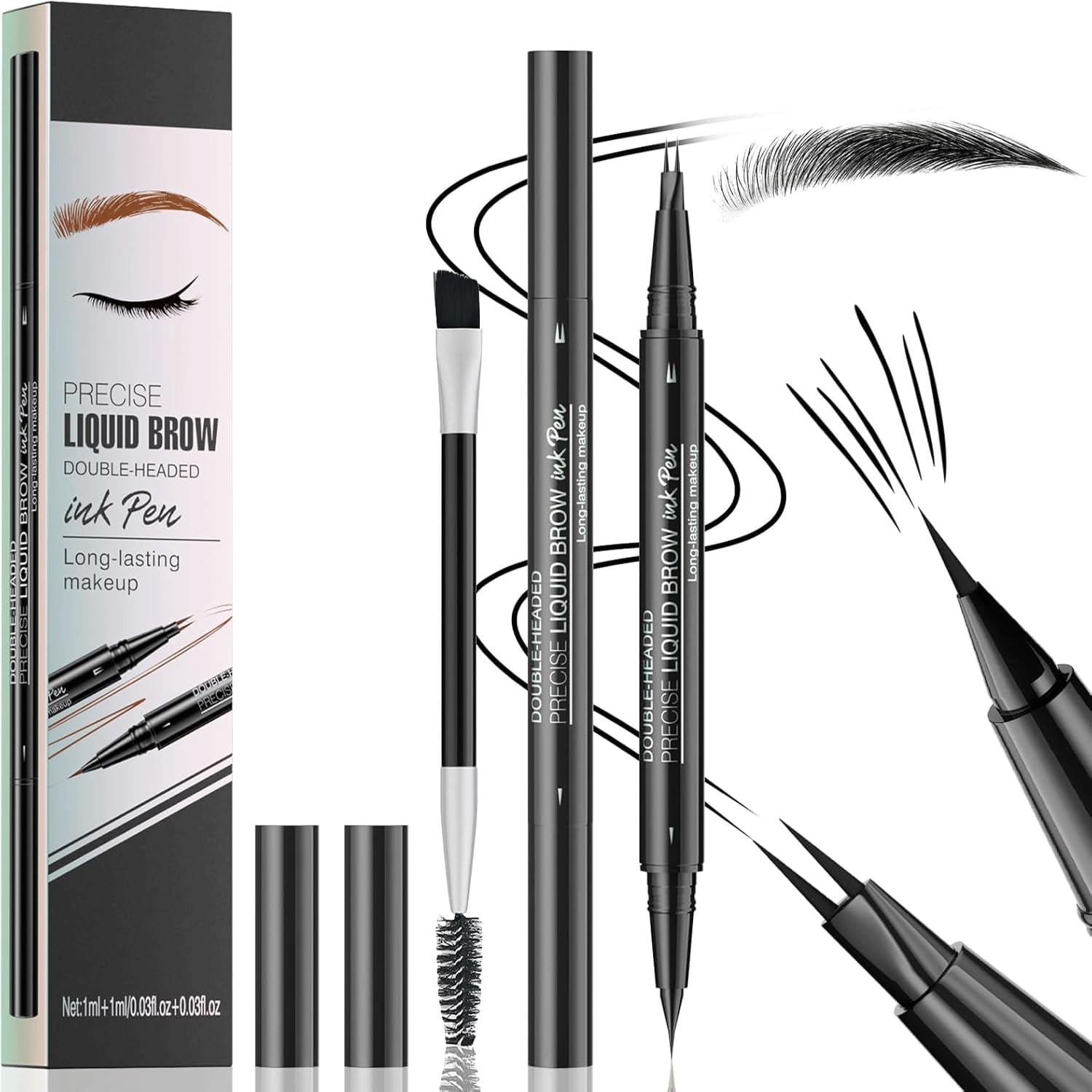 Eyebrow Pencil, 3D Microblading Eyebrow Pen, Dual-ended Magical Brow Pen with 2 Micro-Fork-Tip & Spoolie Brush, Long-lasting Waterproof Eye Brow Pencils for Natural Looking Brows Makeup (Black)