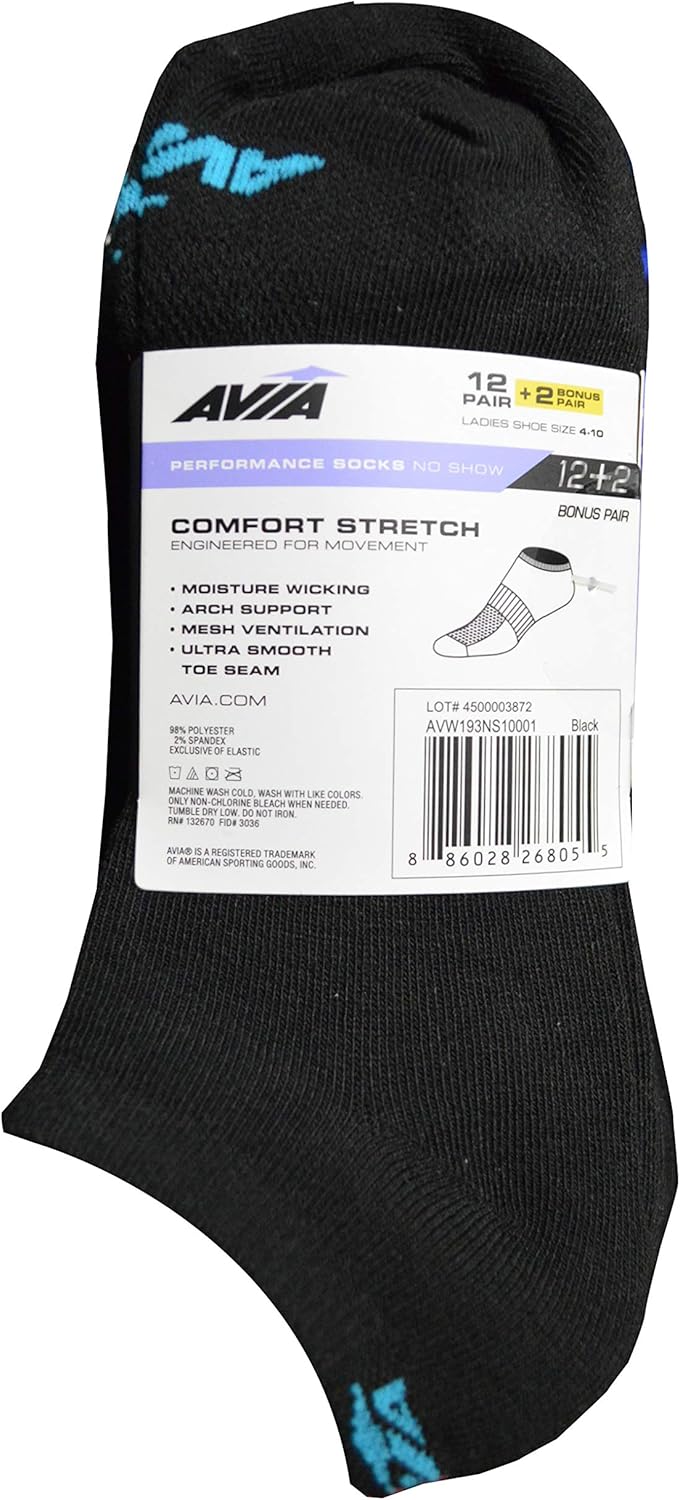 Black, Size 9-11, Fits Shoe Size 4-10 Avia Womens Liner Low Cut Performance Socks 14 Pack