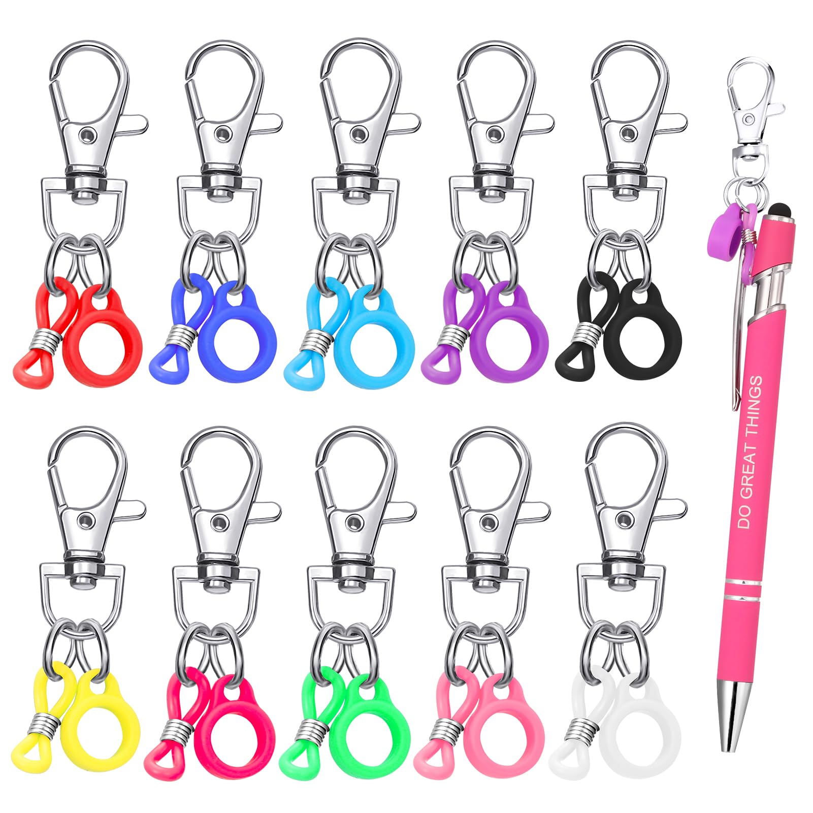 Candcamp 10 PCS Lanyard Pen Holders for Teachers,10 Colors Pen Clips with Anti-Lost Silicone Rubber Rings and Lobster Claw Clasp,Pen Holder for Lanyard Badge Reel Pen Converter