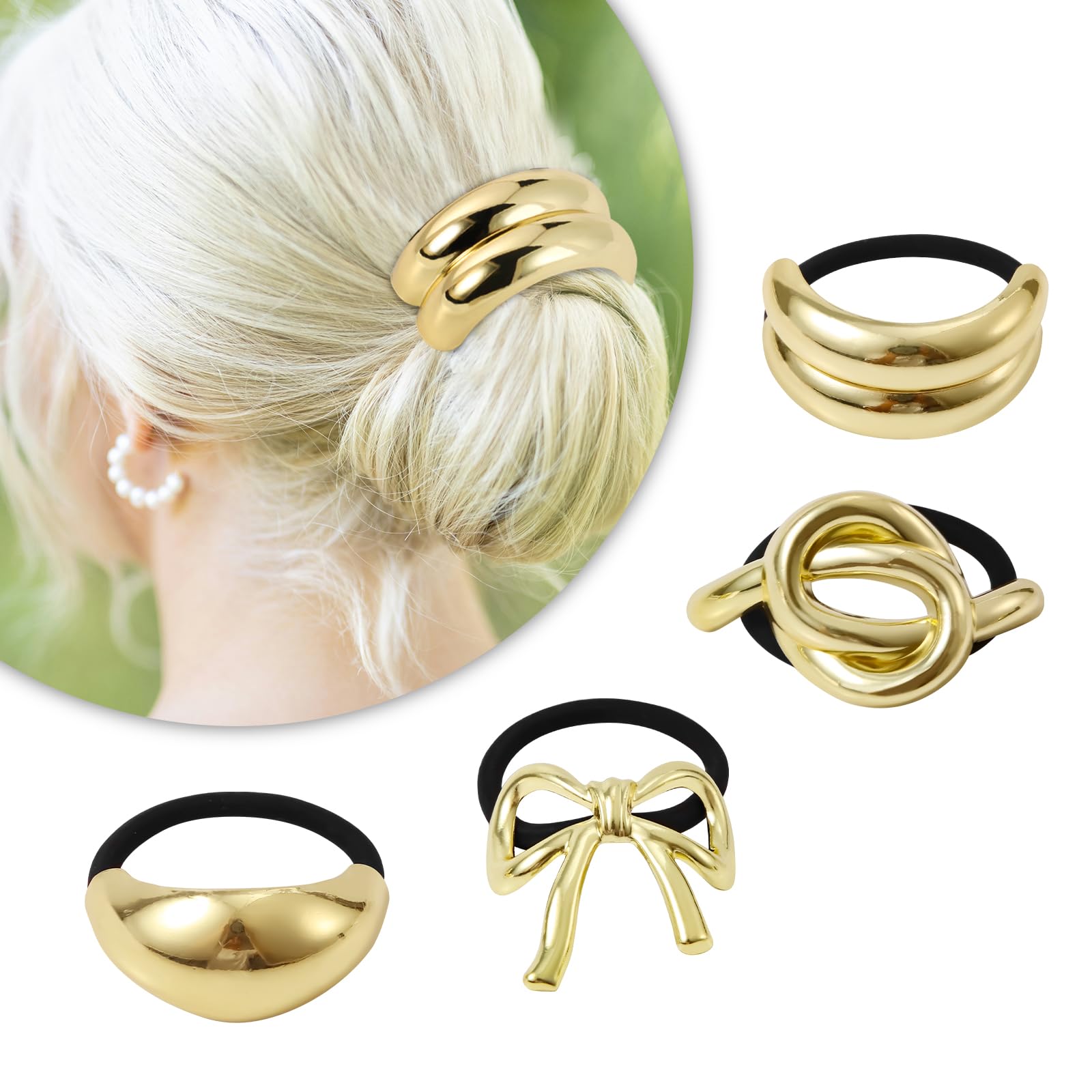 4pcs Metal Hair Ties, Gold Hair Cuffs Metal Elastic Hair Ties Ponytail Headband Metal Hair Tie Pony tail Hair Cuffs Fashionable Women Hair Accessories