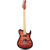 Volgoa Electric Guitar Burl Wood Look Printed Top Modern Double Cut 6 String HH Pickups Tremolo Maple Neck Gloss Finish (VS)