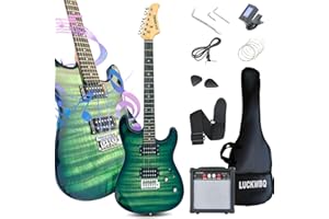 LUCKWBQ 39" Full Size ST Style Electric Guitar Starter Kit with HH Pickup, 20W Portable Amp, Tuner, Gig Bag, Strap & Accessories(Green Flame)
