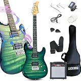 LUCKWBQ 39" Full Size ST Style Electric Guitar Starter Kit with HH Pickup, 20W Portable Amp, Tuner, Gig Bag, Strap & Accessories(Green Flame)