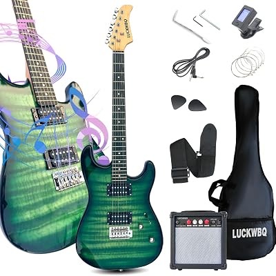 LUCKWBQ 39" Full Size ST Style Electric Guitar Starter Kit with HH Pickup, 20W Portable Amp, Tuner, Gig Bag, Strap & Accessories(Green Flame)