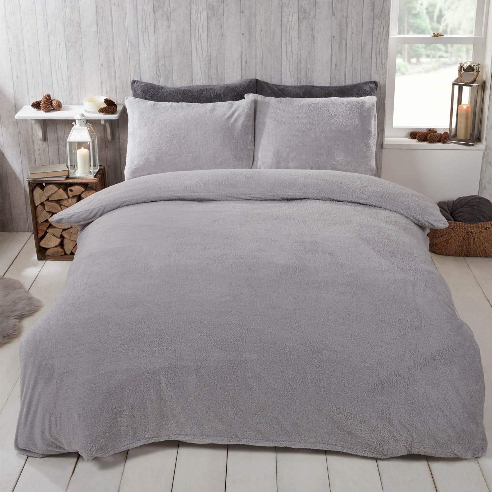 Brentfords Teddy Fleece Duvet Cover Grey Silver, King Size Duvet Cover Sets Silver Fleece Warm Bedding Sets Grey Christmas Duvet Covers King Size with Pillowcases — image 1
