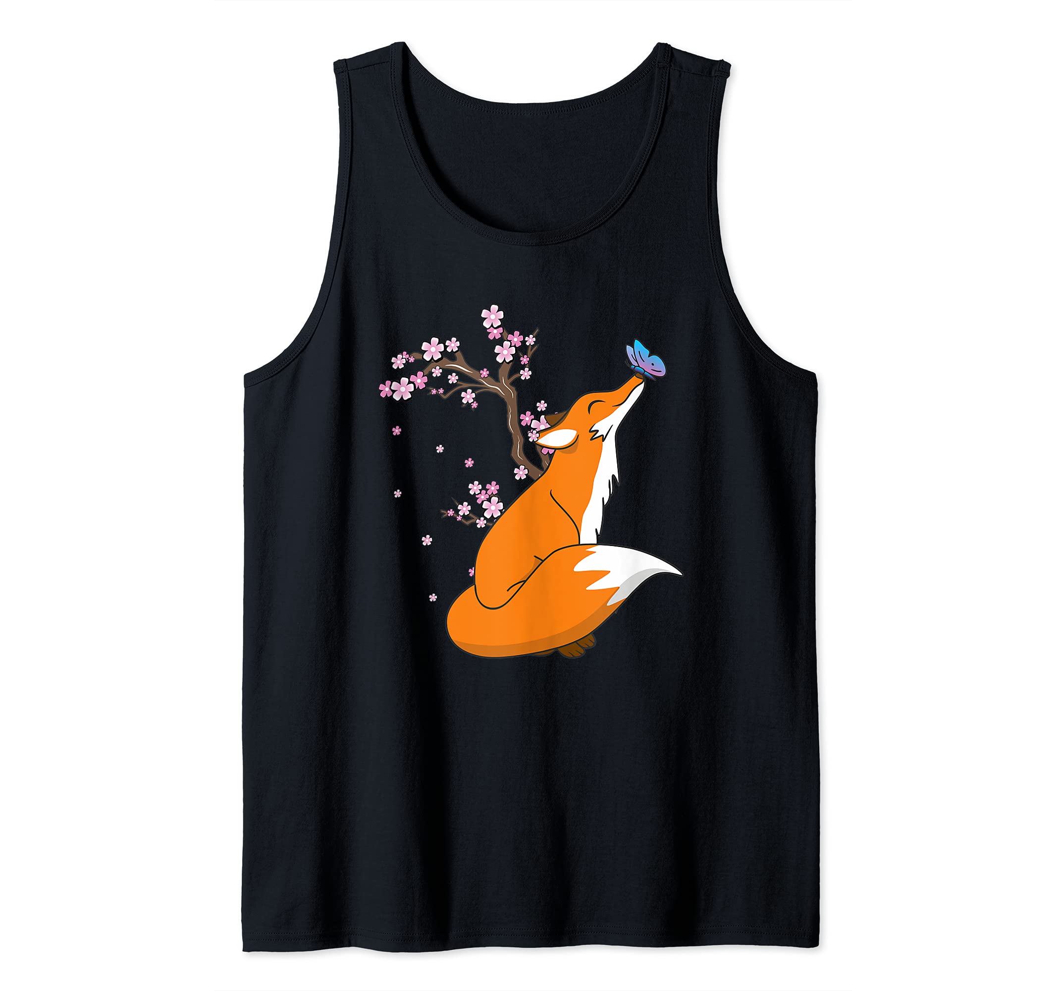 Kawaii Fox Butterfly On A Nose Japanese Sakura Cherry Flower Tank Top