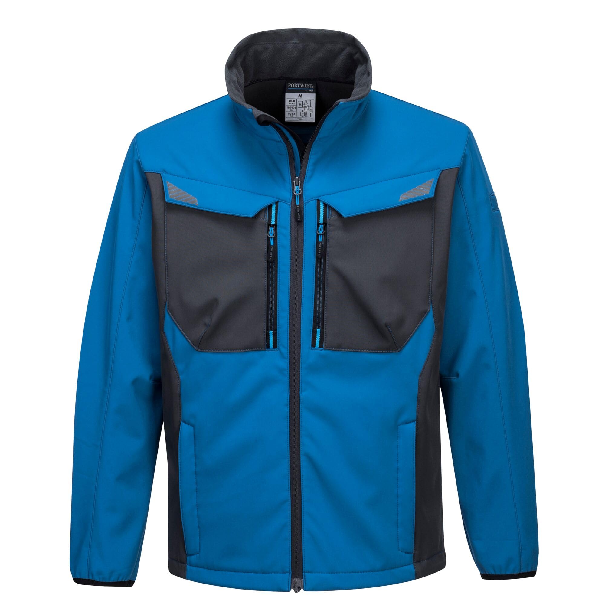 Portwest T750 Men's WX3 Softshell Jacket - Water Resistant and Windproof Lightweight Breathable Workwear Jacket with Reflective Trim Persian Blue, X-Large