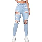Floerns Women's Stretchy Ripped Skinny High Waist Denim Jeans with Pockets