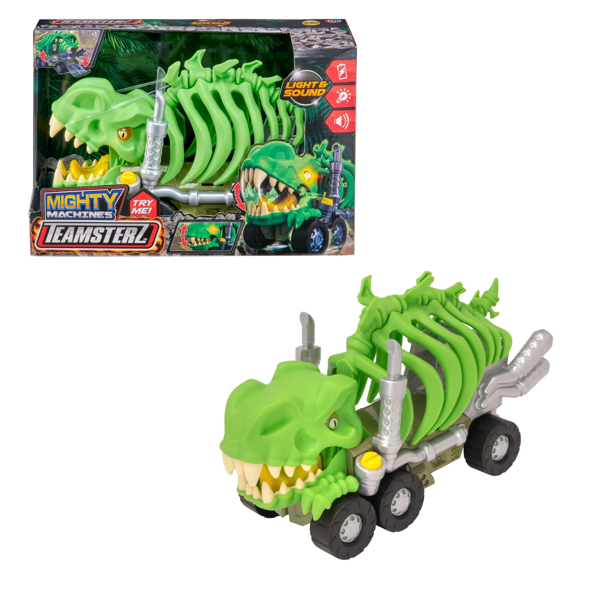 Mighty Machines T-Rex Rib Cage Transporter | Dinosaur Track Playset with Die-Cast Car | Monster Vehicle Toy Set with Figures | Kids Transporter Toy for Ages 3+