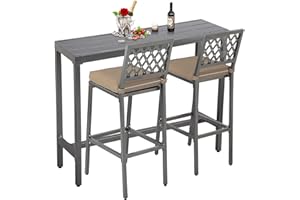 ONLYCTR Outdoor Bar Chairs and Table, Metal Outdoor Bar Set, 3 Piece Patio Bar Table Set with Bar Stools & Cushions for Backyard, Porch, Bistro, Balcony (Gray, 47" Table, 2 X-Back stools