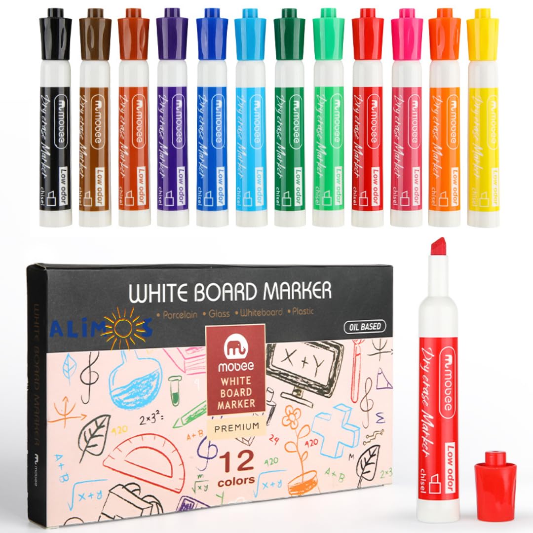 Alimos Large Classroom Whiteboard Pen Set, 12 Colours, Chisel Tip, Low Odour Ink