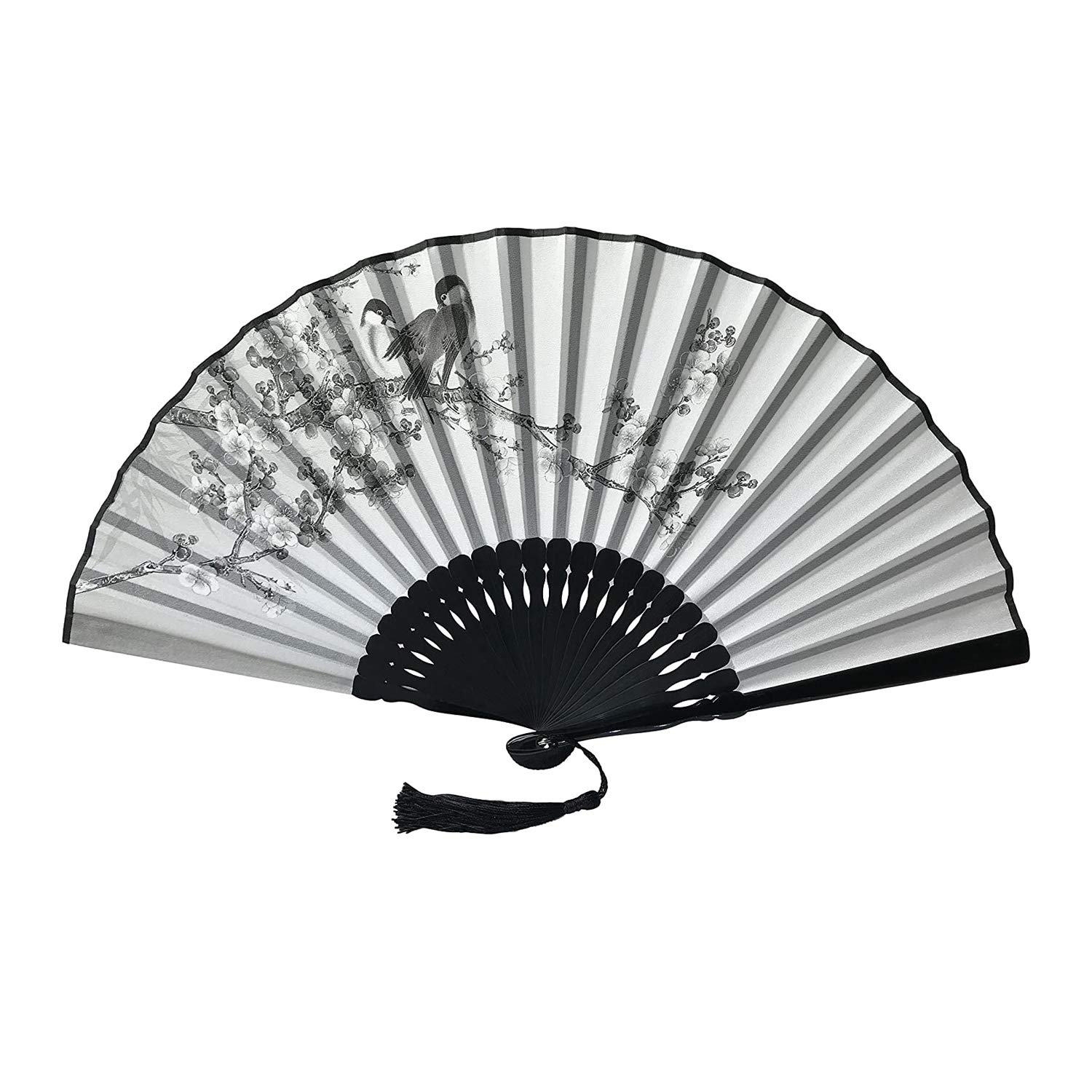 FANSOF.FANS Ink Art Handheld Folding Fan with a Fabric Pouch for Women Girls Black and White with Silver Touch Up Durable Folding Fabric Hand Fan