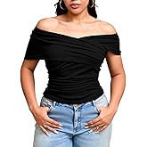 winkbay Women's Plus Size Off The Shoulder Tops Ruched Wrap Short Sleeve Going Out T Shirts