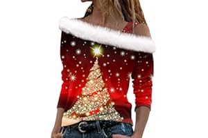 DGZTWLL Merry Christmas Shirts for Women Sparkly Tree Long Sleeve Faux Fur Off Shoulder Sequin Tops Snowflake Holiday Shirts
