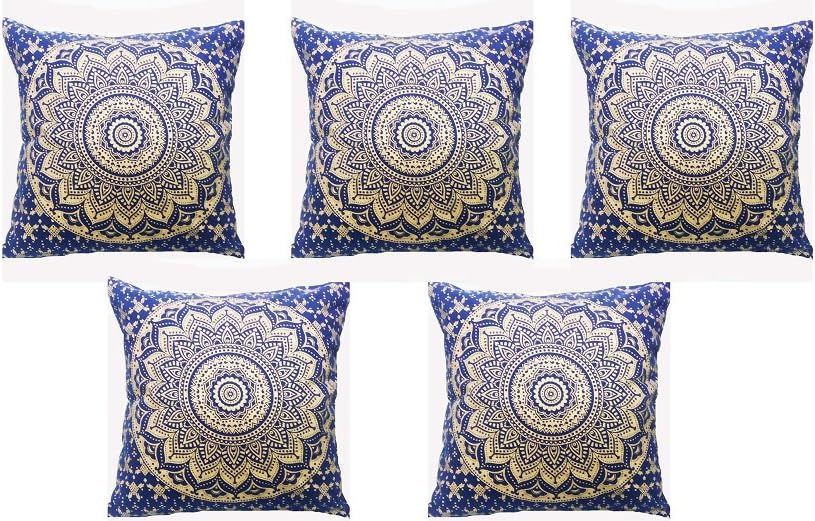 Tapestry Lovers Blue and Golden Flower Mandala Psychedelic Bohemian Throw Square Cotton Cushion Cover-16 X 16 inches (Set of 5)