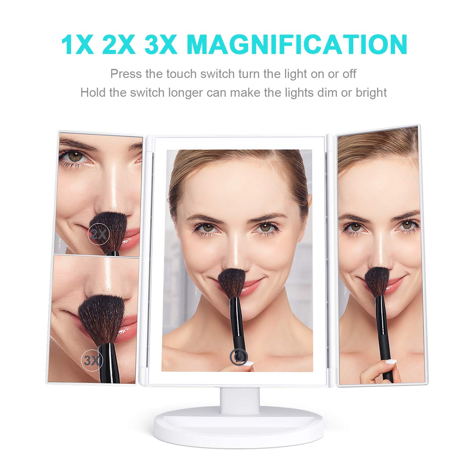 KOOLORBS Makeup Mirror with Lights, 3 Color Lighting Vanity Mirror with 72LEDs, 1x 2X 3X Magnification, Touch Control, Portable Cosmetic Lighted Makeup Mirror : Beauty