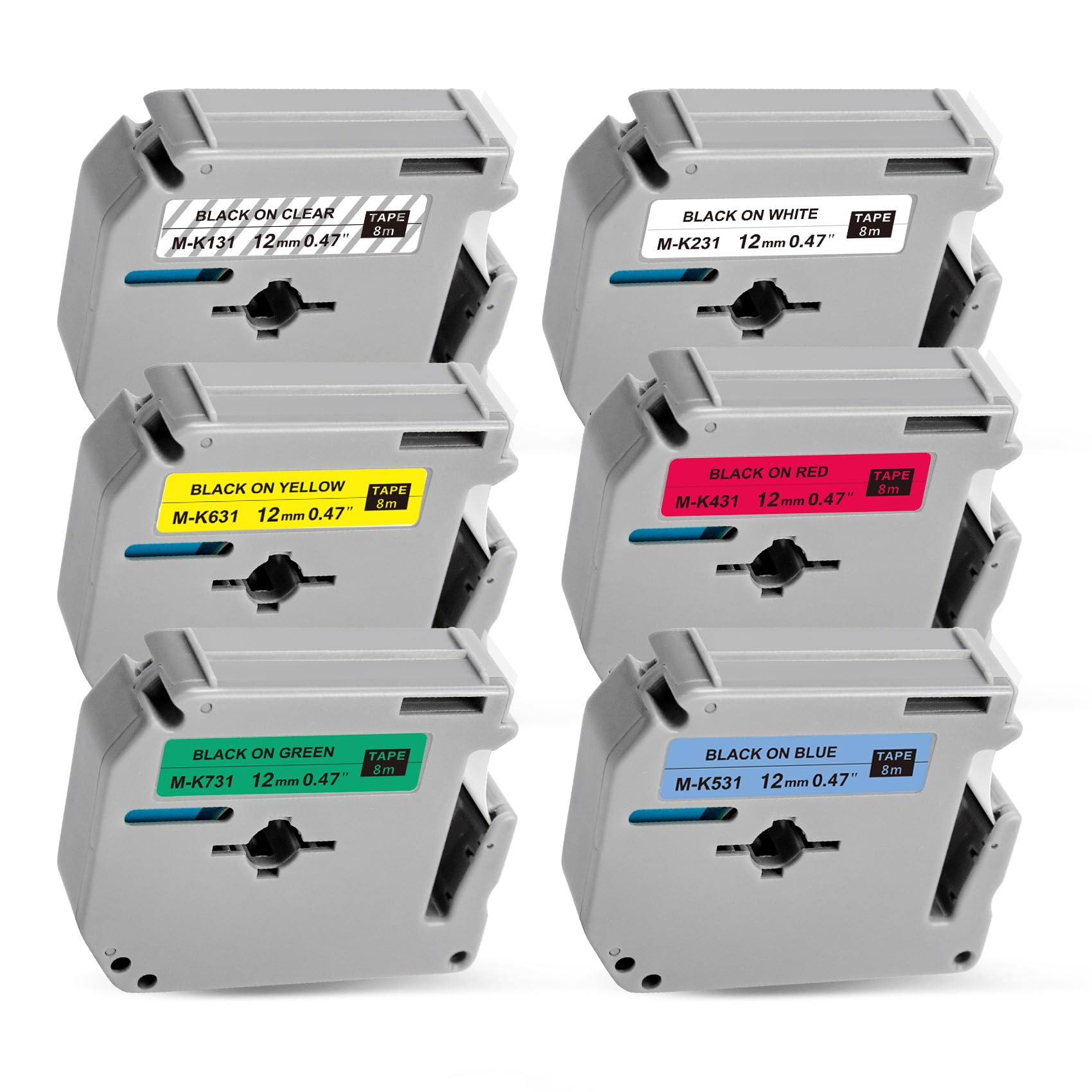 Meritom 6X Compatible for Brother P-Touch M Tape 12mm, for Brother Label Printer M Tape MK131 MK231 MK431 MK531 MK631 MK731 Cassette for P Touch Label Maker PT-90 PT-M95 PT-80 PT-100 PT-110 PT-65
