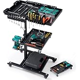 OLBRUS 3-Tier Rolling Work Table, Adjustable Height Tool Cart with Wheels | Portable Mechanic Organizer with Drill Storage for Garage, Workshop, Bicycle Repair