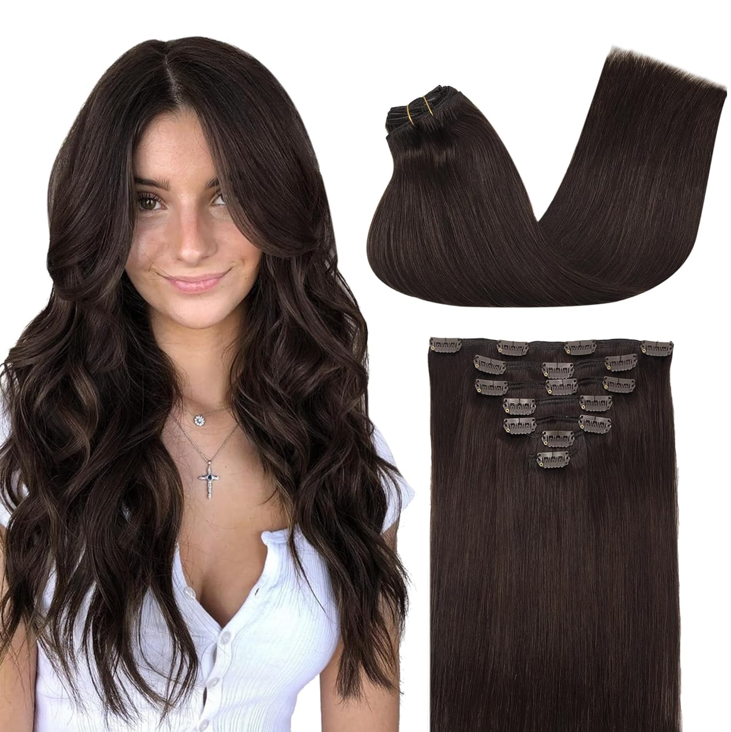 GOO GOO Clip in Human Hair Extensions, 18inch 120g 7pcs, Hair Extensions Clip in, 2A Light Brown