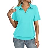 TICTICMISS Womens Polo Shirts Short Sleeve Banded Bottom Tops Business Casual Tops Collared V Neck Dressy Blouses