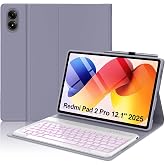 Keyboard Case for Xiaomi Redmi Pad 2 Pro 12.1" 2025, Pad Pro 2024 / Xiaomi Poco Pad 12.1 inch Case with Detachable Bluetooth Keyboard, 7 Colors Backlit, Folio Cover with Pencil Holder, Auto Sleep/Wake