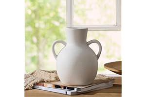 SIDUCAL Ceramic White Vase with 2 Handles, Modern Farmhouse Vase for Home Decor, Decorative Pampas Flower Vase, Classic Charm, Centerpieces for Living Room, Shelf Decor, Mantel, 6.9 Inch - White