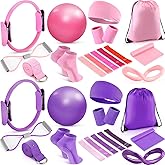 Poen Home Pilates Essentials Kit for Women 30 Pcs Pilates Ring and Ball Equipment Set with Yoga Ball Stretching Strap 8 Shape Resistance Bands Non Slip Sock Wristbands Gym Bags Exercise