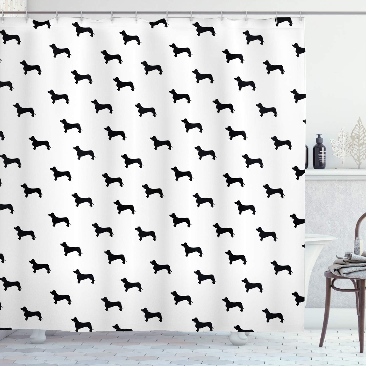 Ambesonne Dog Lover Shower Curtain, Monochrome Dachshund Silhouettes Breed Dog Domestic Canine Pattern Active Pet, Cloth Fabric Bathroom Decor Set with Hooks, 84