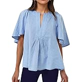 Kedera Womens White Blouse V Neck Flutter Sleeve Linen Shirts Casual Cute Summer Tops