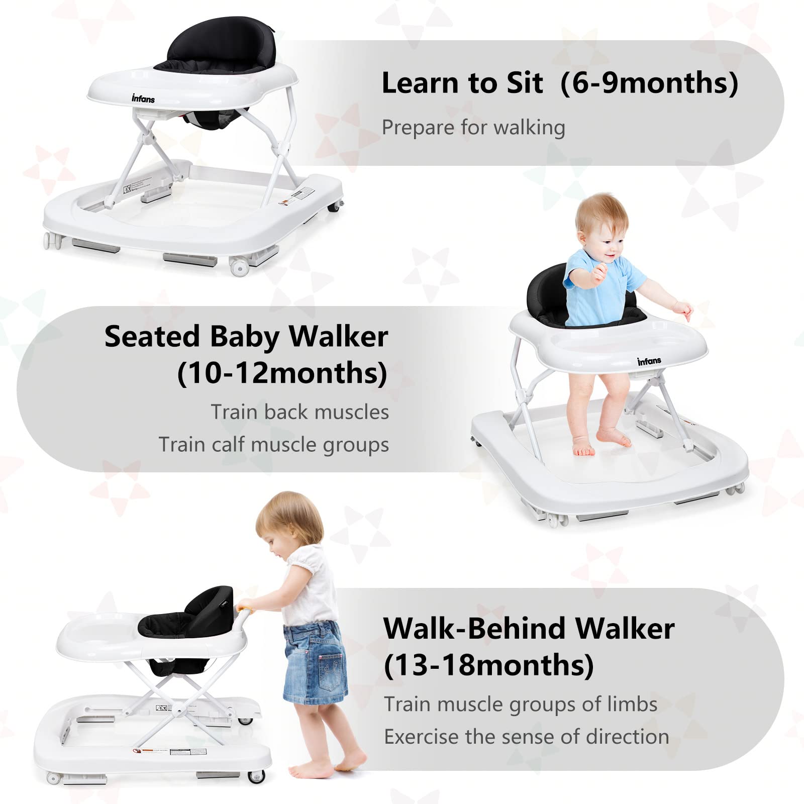 INFANS Foldable Baby Walker, 3 in 1 Toddler Walker LearningSeated Walk