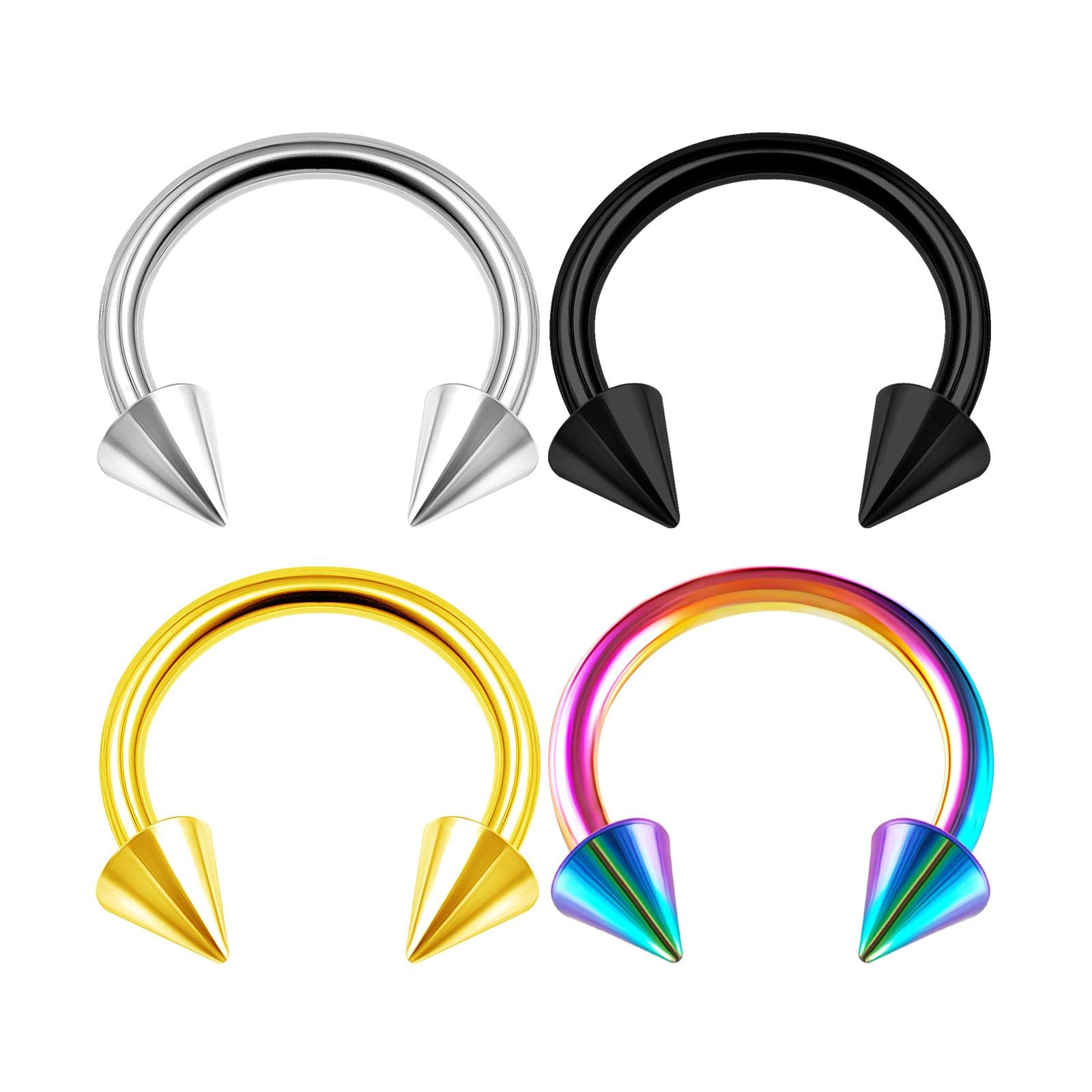 KJM FASHION 4PCS Stainless Steel Horseshoe Circular Barbell 14 Gauge 3/8 10mm 4mm Spike Rim Earrings Cartilage Piercing Jewellery 2981