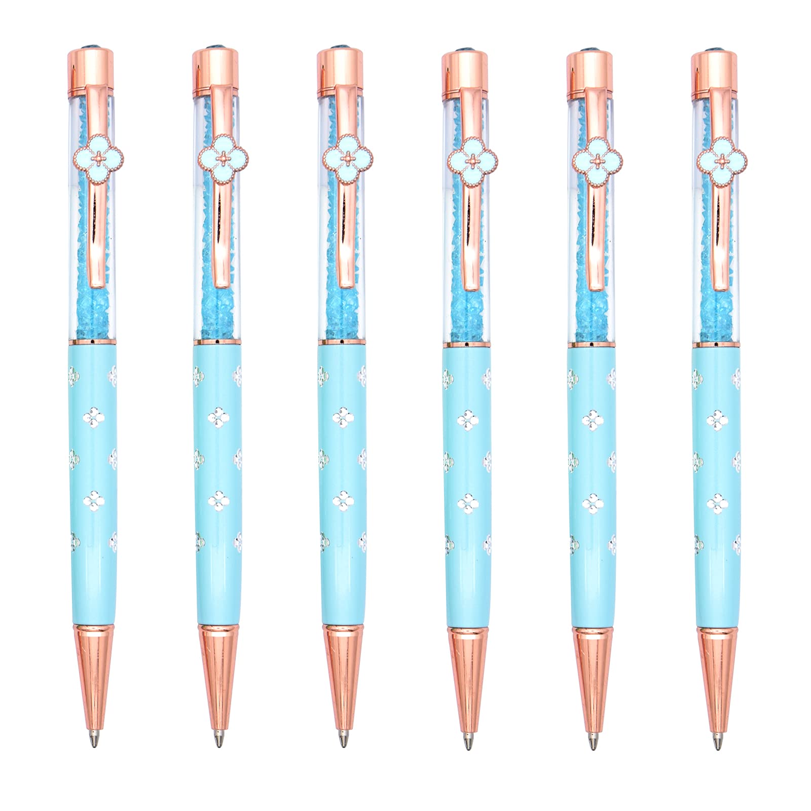 Gullor 6 Pieces Black Ink Pens Four-leaf clover crystal pen Medium Point Ballpoint Pens, Blue