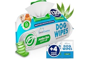 DURACLEANSE Dog Wipes for Paws and Butt - 130 Count + 4 Travel Puppy Wipes - 8" x 8" Large Dog Grooming Bath Wipes | Hypoallergenic Dog Face Wipes, Extra Thick Cleaning Deodorizing Pet Wipes for Dogs, Cats, Pets