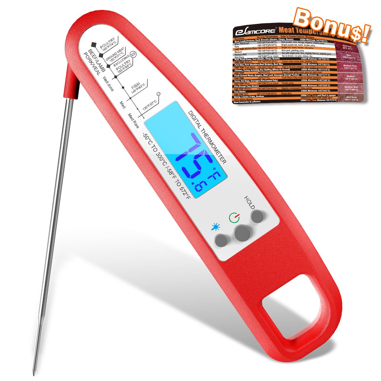 Digital Meat Thermometer, eSamcore Instant Read Cooking Thermometer Fast Accurate Food Thermometer w/ Bright LCD Display for Kitchen BBQ Grill Smoker [Chipotle]