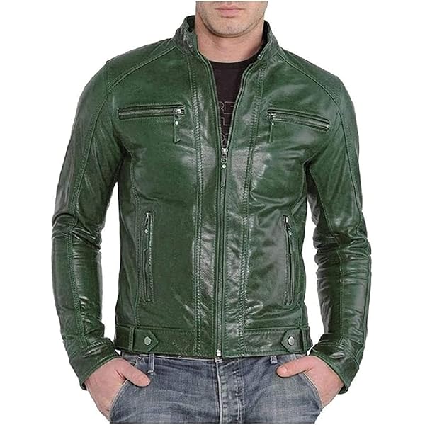 Mens Green Leather Jacket Vintage Cafe Racer Style Motorcycle