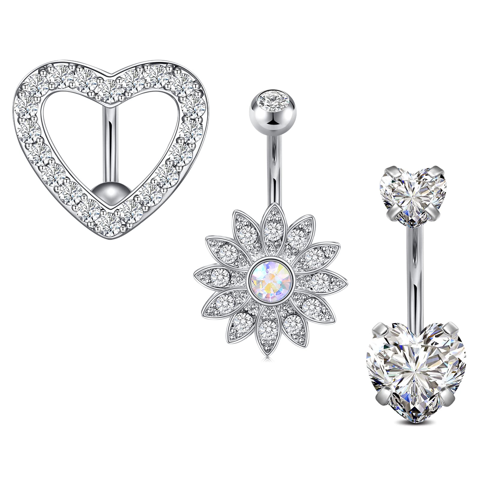 AceFun Belly Button Ring Reverse Dangly Surgical Steel Belly Bar Cubic Zircon Opalite Crystal Navel Belly Piercing Jewelry for Women Girls Butterfly Love Heart 14G 1.6MM 10MM Silver — image 1