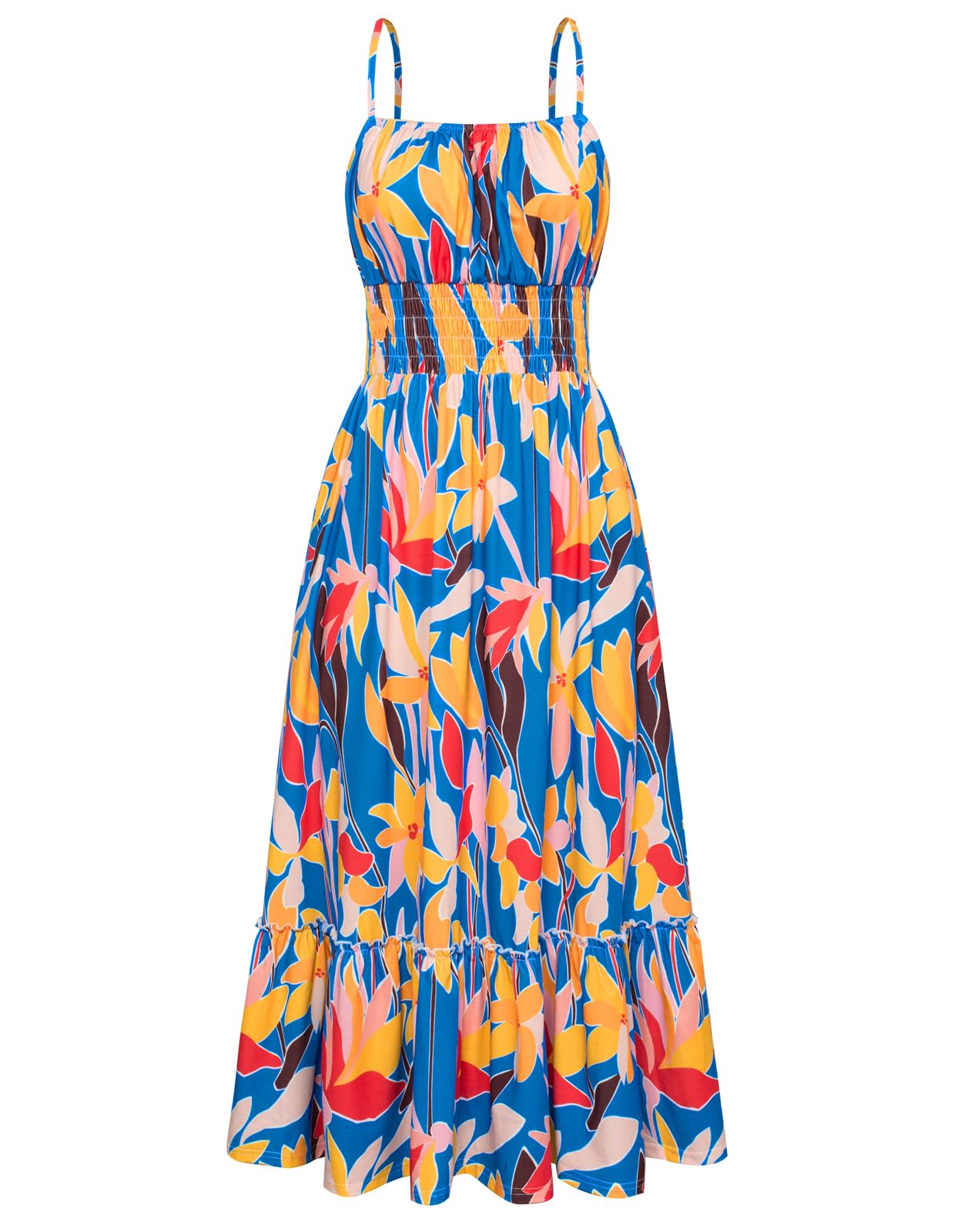 GRACE KARIN Summer Dresses for Women 2026 Vacation,Smocked Floral Maxi Dresses,Boho Beach Long Sundress Blue Yellow Floral L Image