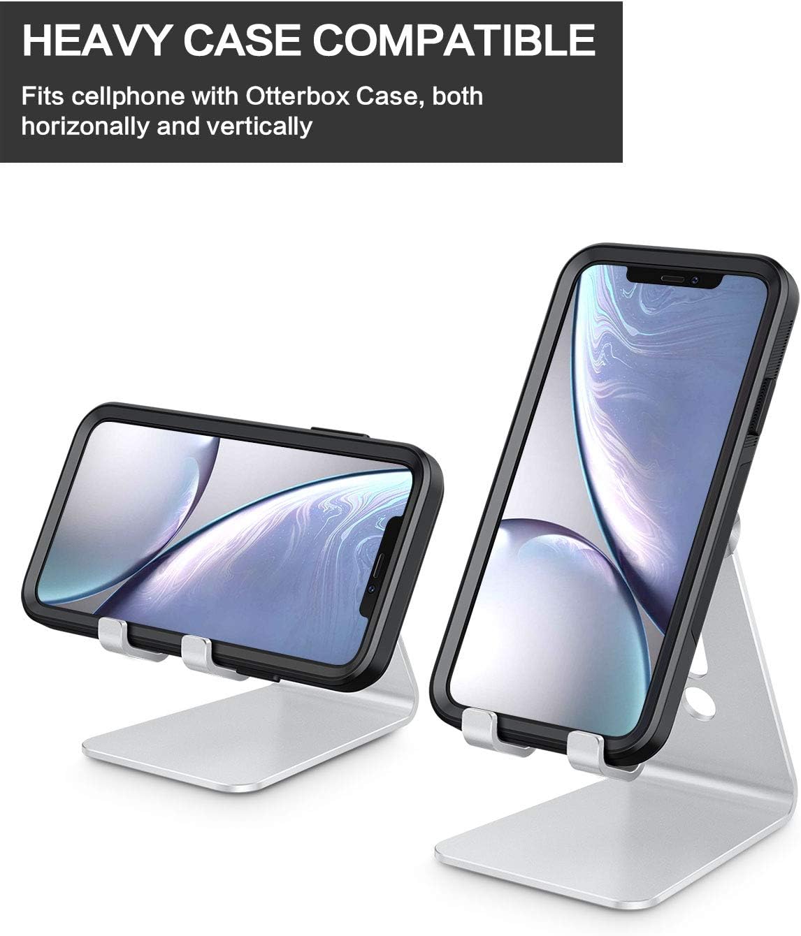 Adjustable Cell Phone Stand, OMOTON C2 Aluminum Desktop Phone Holder Dock Compatible with iPhone 12 Mini, iPhone 12 Pro Max, 11 Pro, XR, 8 Plus 7 6, Samsung Galaxy, Google Pixel and More, Silver