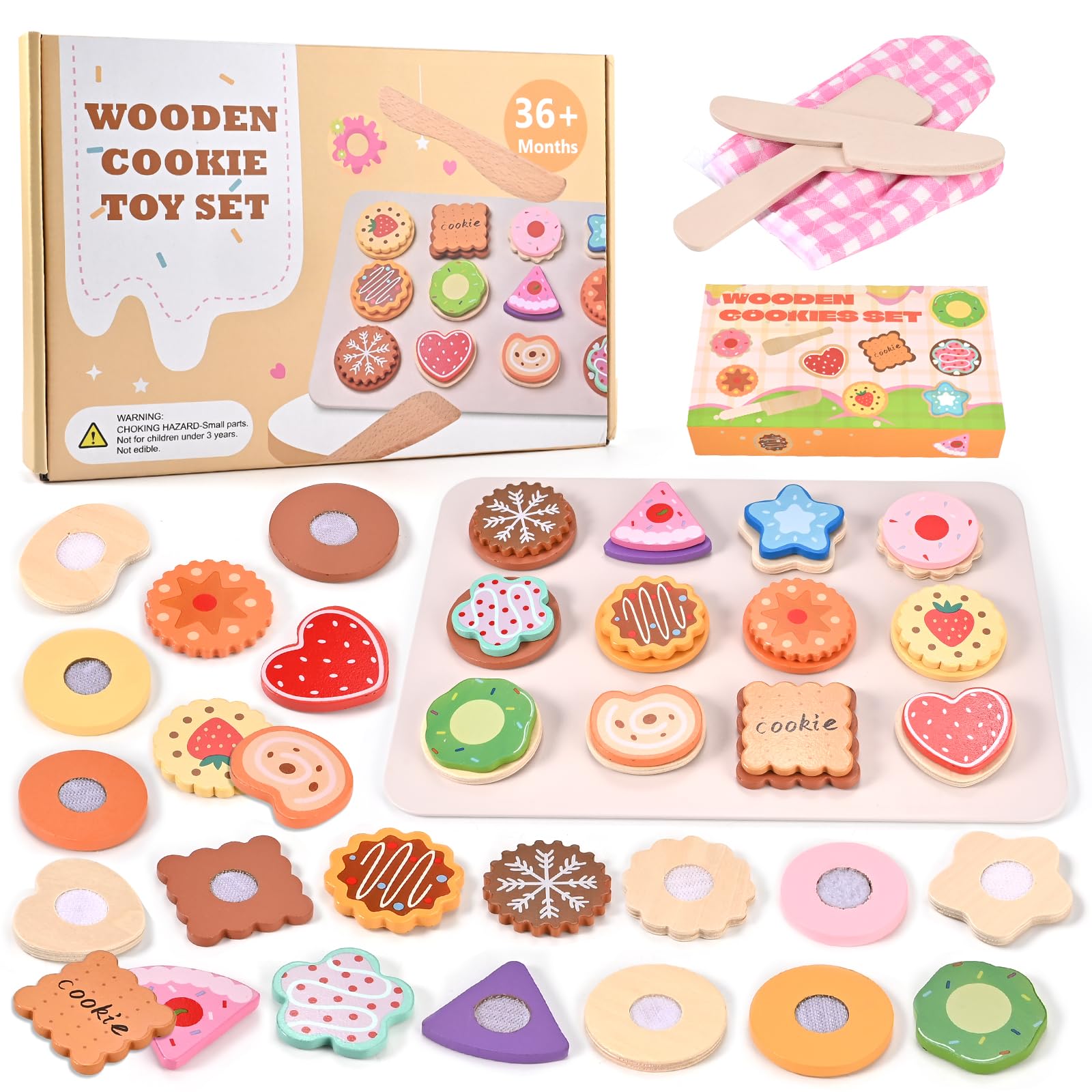 Wooderma Wooden Toys, Slice and Bake Cookie 30 Pcs Wooden Play Food Toy Kitchen Accessories and Tea Set for Toddlers, Role Play Toys for 3+ Year Old Boys & Girls, Christmas, Birthday, Festival Gift