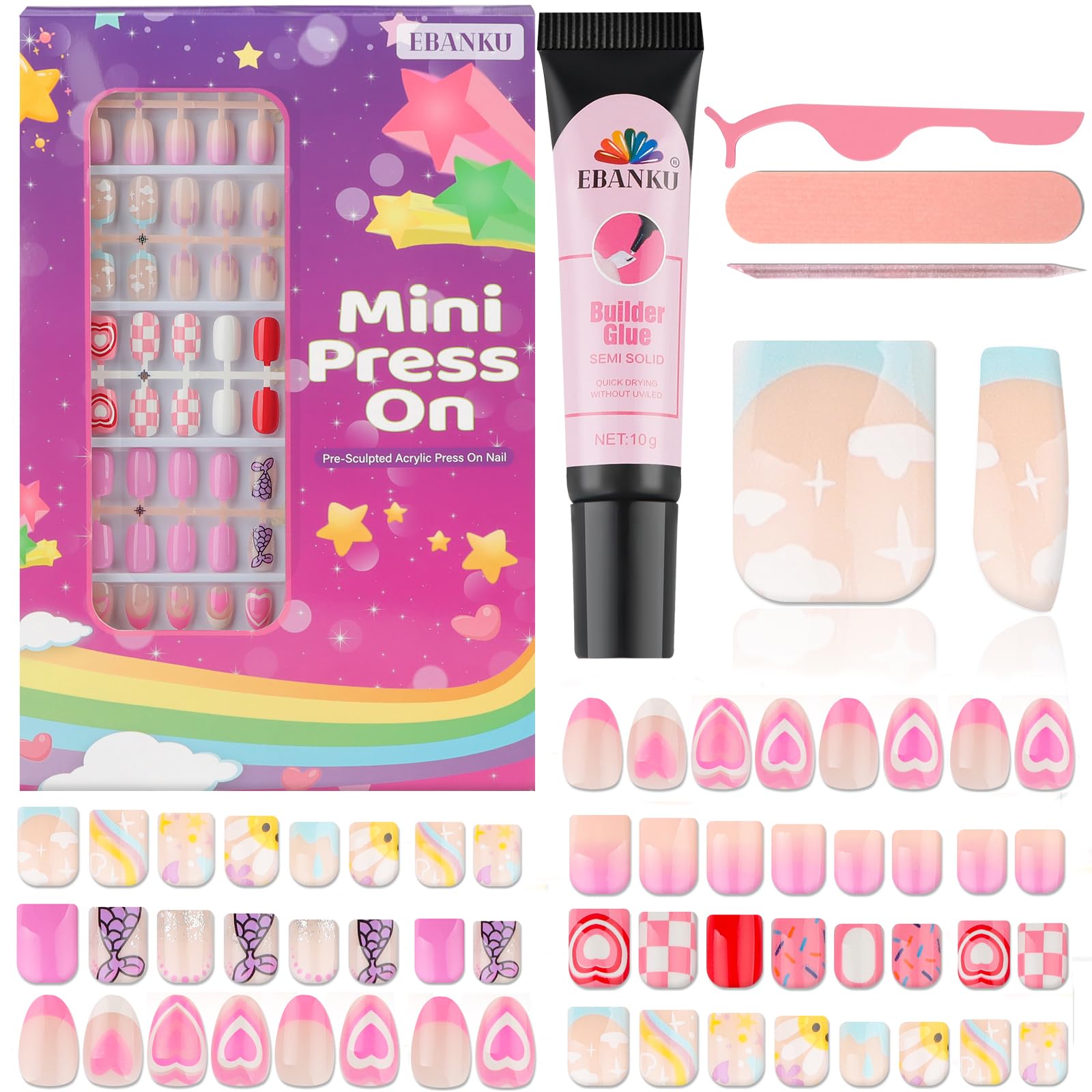 EBANKU 130 Pieces Press on Nails Grils, Children Fake Artificial False Nail Tips Full Cover Short Acrylic Nails for Girls Kids Nail Art Decoration