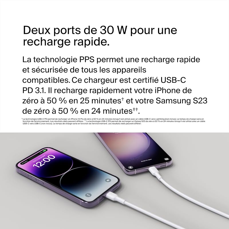 BoostCharge Chargeur Secteur, 2 USB-C, 60 W, PPS, Chargeur Rapide