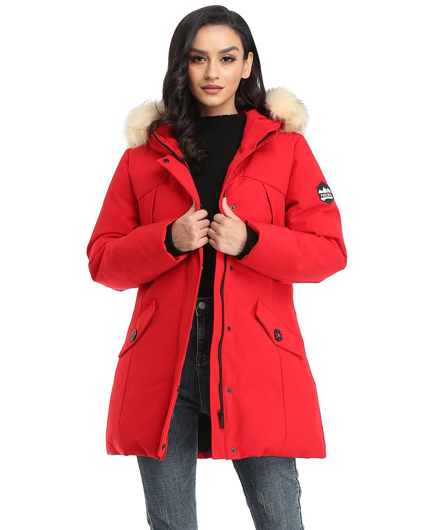 Photo 1 of PUREMSX Womens Parka Winter Coats, Fur Hood Arctic Fur Hood Heavy Quilted Sport Skiing Climbing Puffer Jacket Near Year Gifts,Red,Small