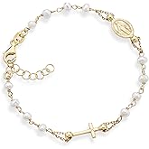 Miabella 18K Gold Plated 925 Sterling Silver Handmade Italian 3.5-4mm White Cultured Freshwater Pearl Rosary Cross Charm Bead Bracelet for Women, Adjustable Link Chain, 925 Italy