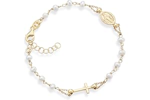 Miabella 18K Gold over 925 Sterling Silver Handmade Italian 3.5-4mm White Cultured Freshwater Pearl Rosary Cross Charm Bead Bracelet for Women, Adjustable Link Chain, 925 Italy